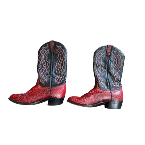VTG J. Chisholm Western Cowboy Boots Red & Black Snakeskin Mens 9.5D USA 43535 - Picture 3 of 16